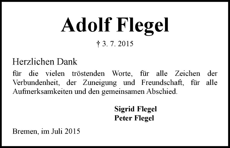 Traueranzeige von Adolf Flegel von WESER-KURIER