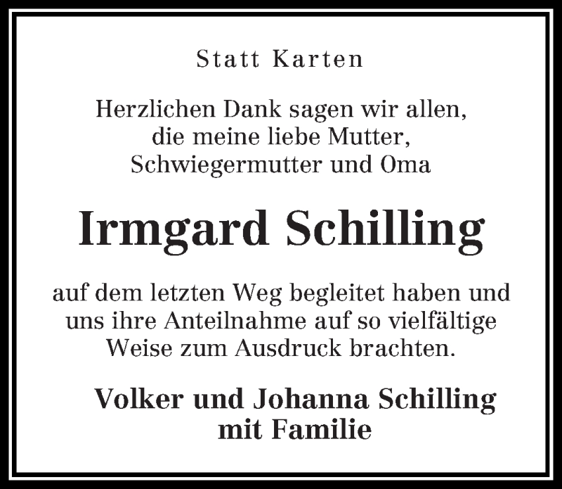 Traueranzeige von Irmgard Schilling von WESER-KURIER