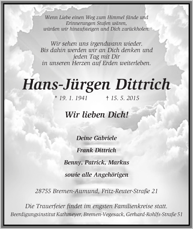 Traueranzeige von Hans-Jürgen Dittrich von Die Norddeutsche