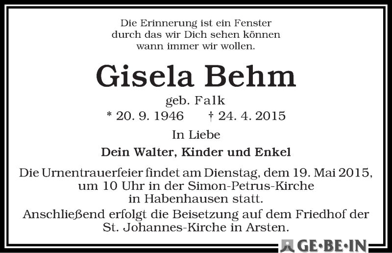 Traueranzeige von Gisela Behm von WESER-KURIER