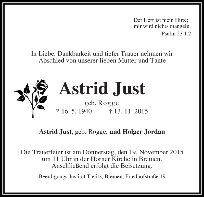 Traueranzeige von Astrid Just von WESER-KURIER