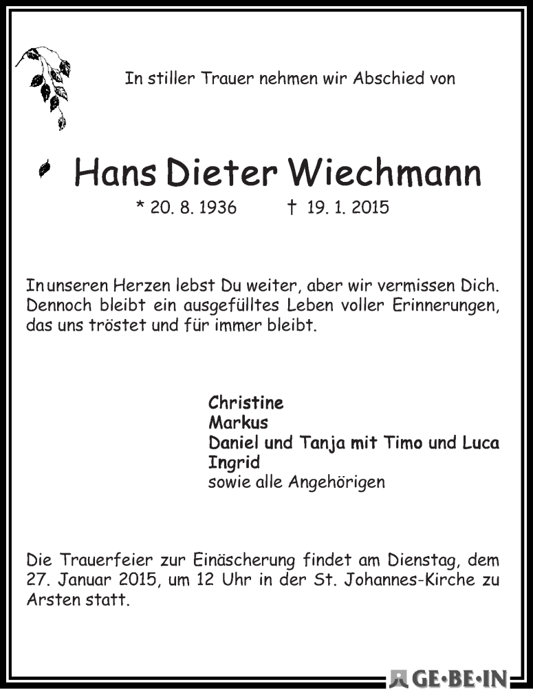 Traueranzeige von Hans Dieter Wiechmann von WESER-KURIER