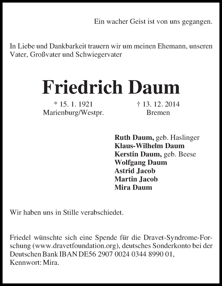 Traueranzeige von Friedrich Daum von WESER-KURIER
