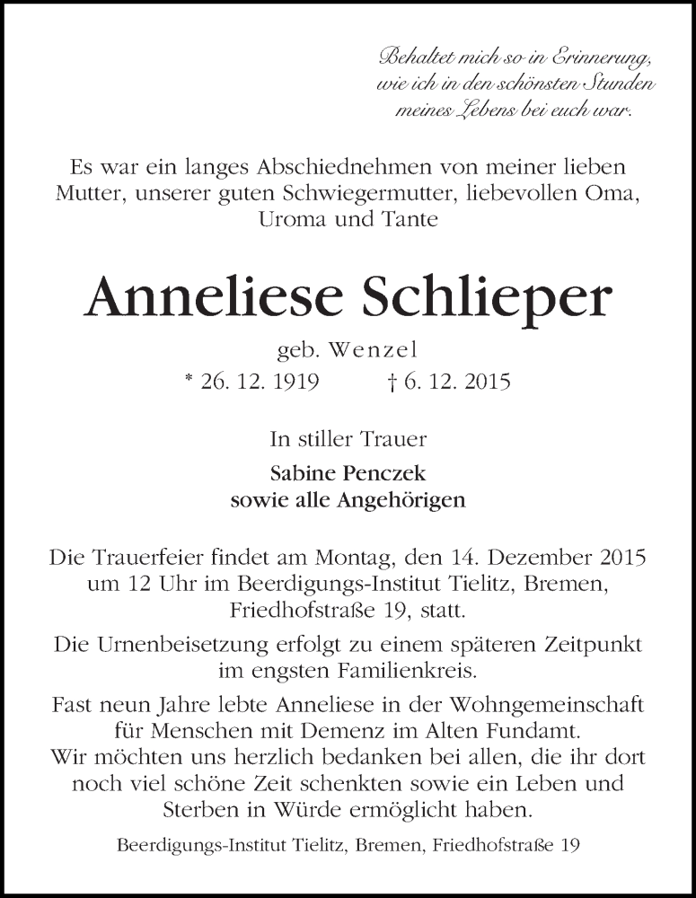 Traueranzeige von Anneliese Schlieper von WESER-KURIER