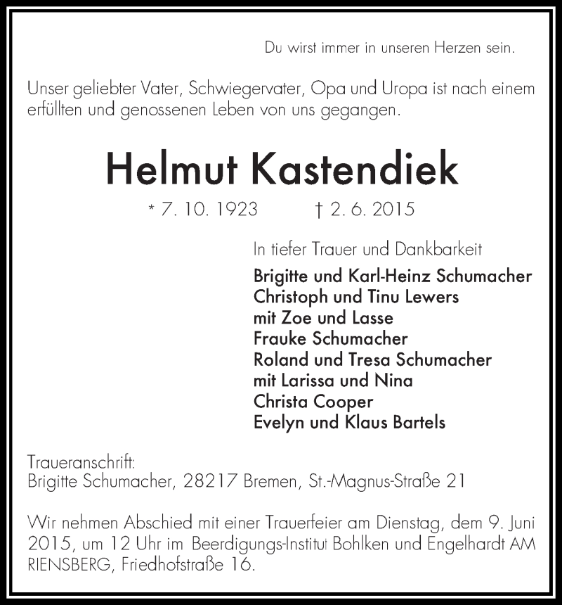 Traueranzeige von Helmut Kastendiek von WESER-KURIER
