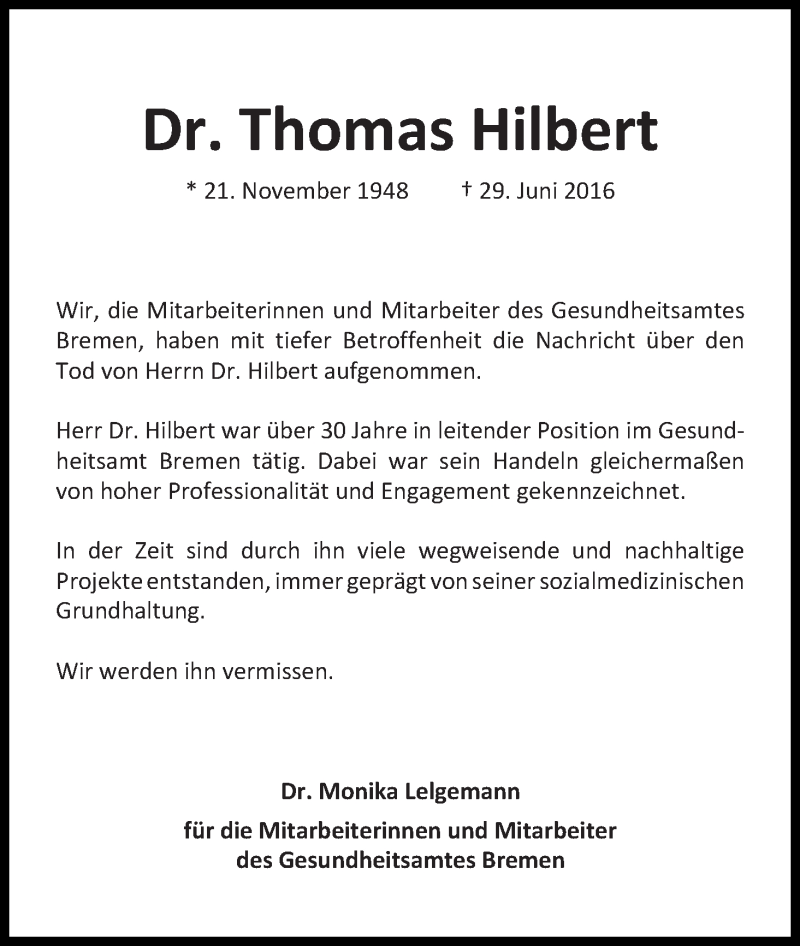 Traueranzeige von Thomas Hilbert von WESER-KURIER