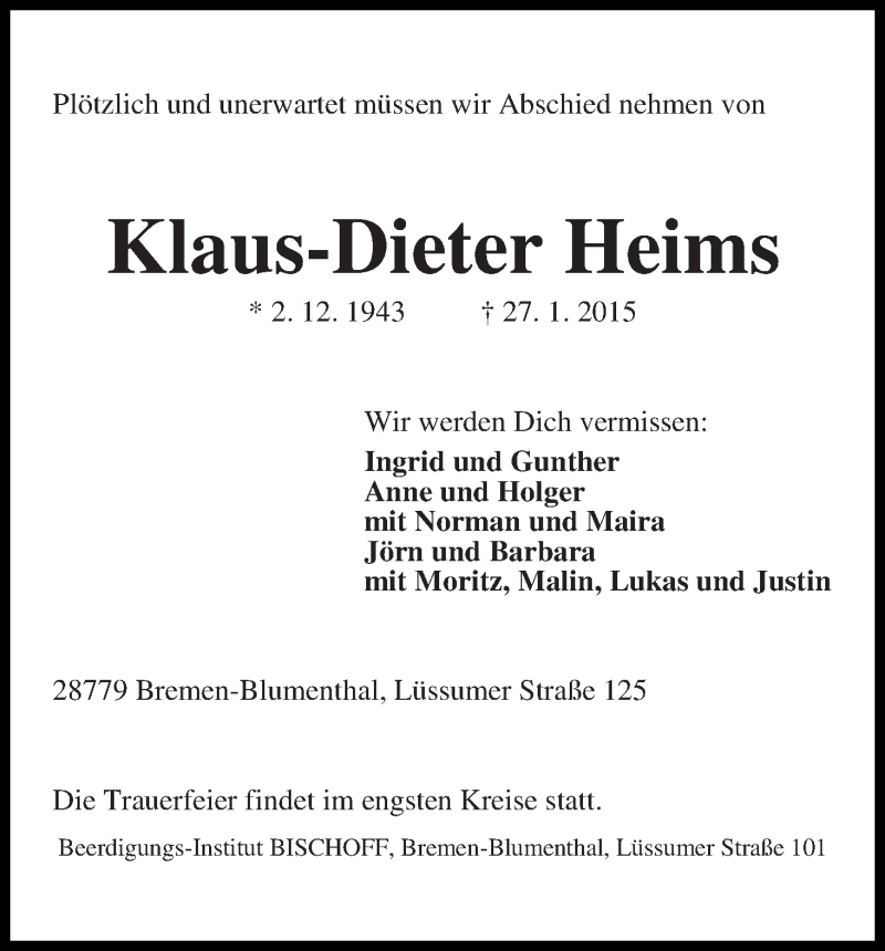 Traueranzeige von Klaus-Dieter Heims von Die Norddeutsche