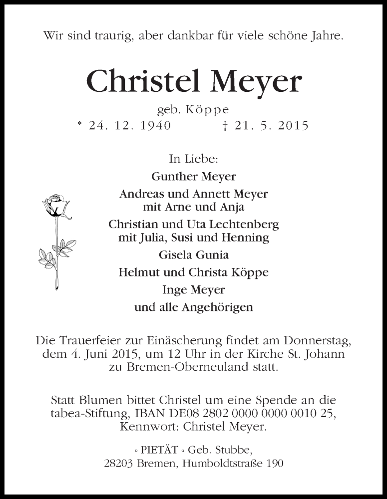 Traueranzeige von Christel Meyer von WESER-KURIER