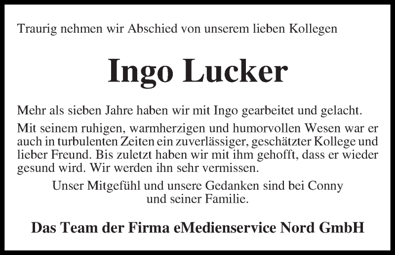 Traueranzeige von Ingo Lucker von WESER-KURIER