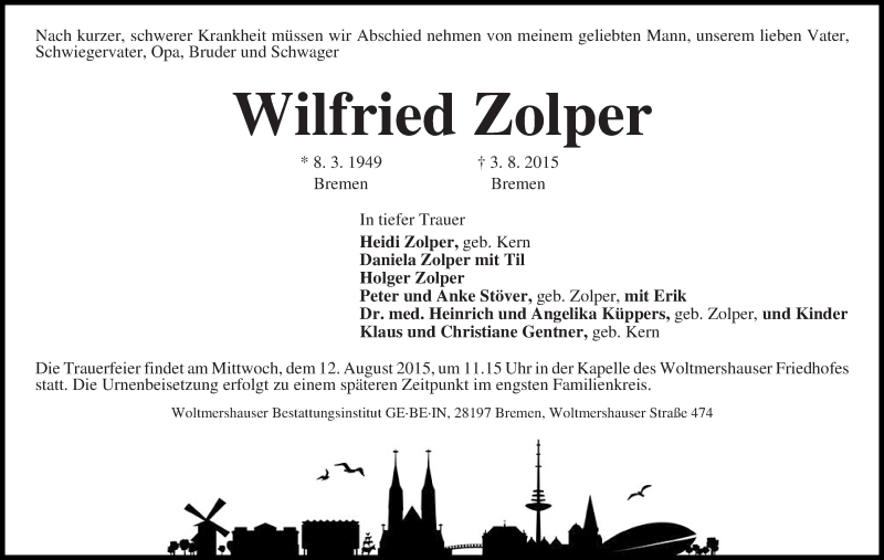 Traueranzeige von Wilfried Zopler von WESER-KURIER