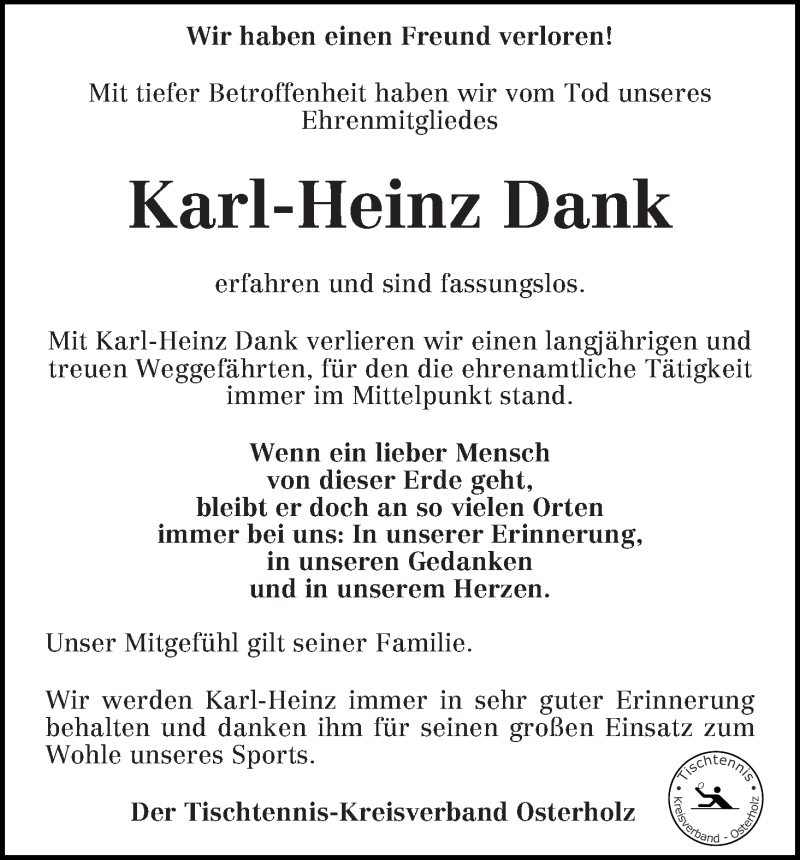 Traueranzeige von Karl-Heinz Dank von Wuemme Zeitung
