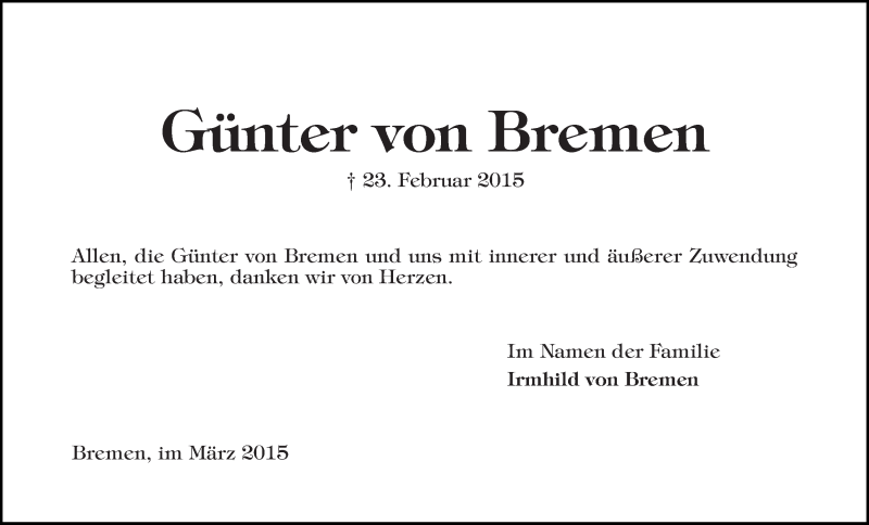 Traueranzeige von Günter von Bremen von WESER-KURIER