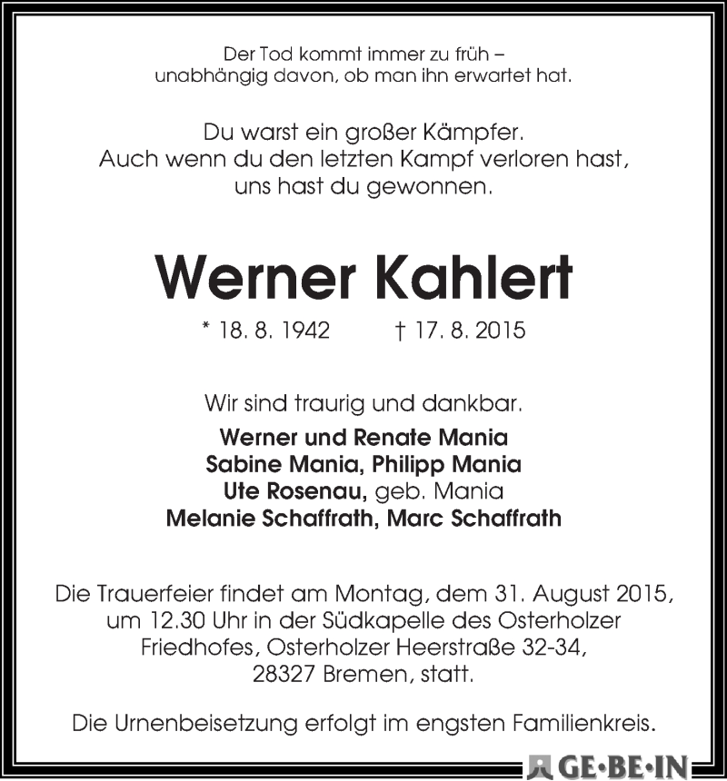 Traueranzeige von Werner Kahlert von WESER-KURIER