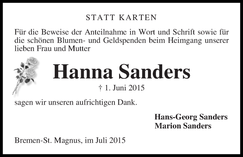 Traueranzeige von Hanna Sanders von Die Norddeutsche