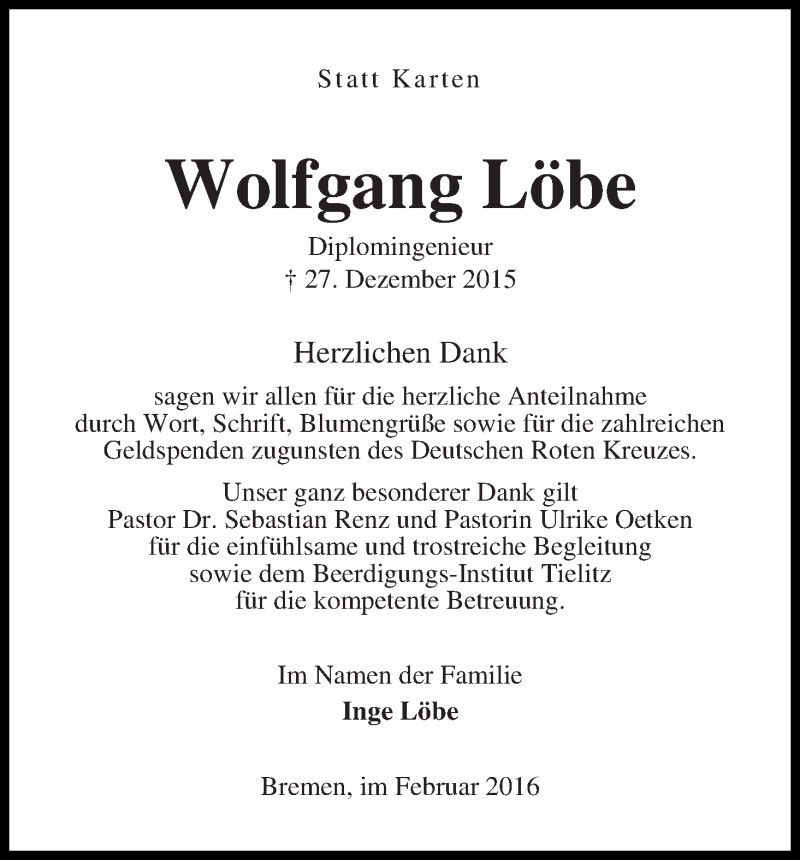 Traueranzeige von Wolfgang Löbe von WESER-KURIER
