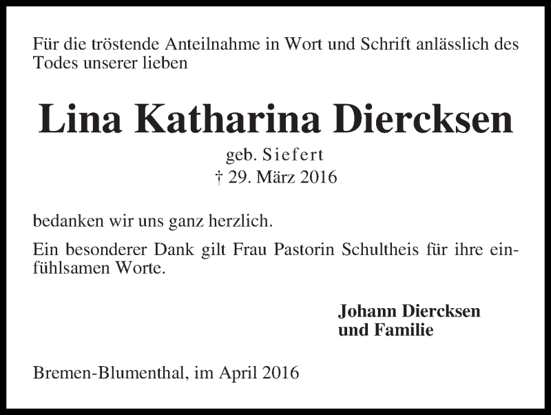 Traueranzeige von Lina Katharina Diercksen von Die Norddeutsche
