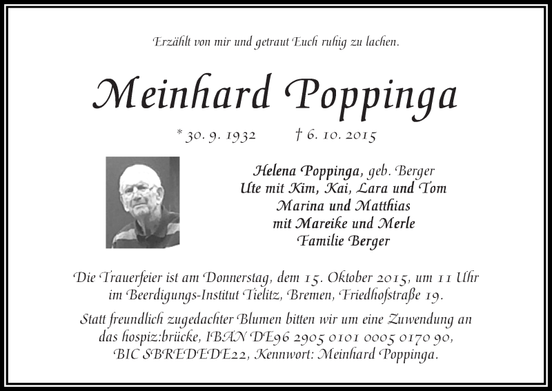 Traueranzeige von Meinhard Poppinga von WESER-KURIER