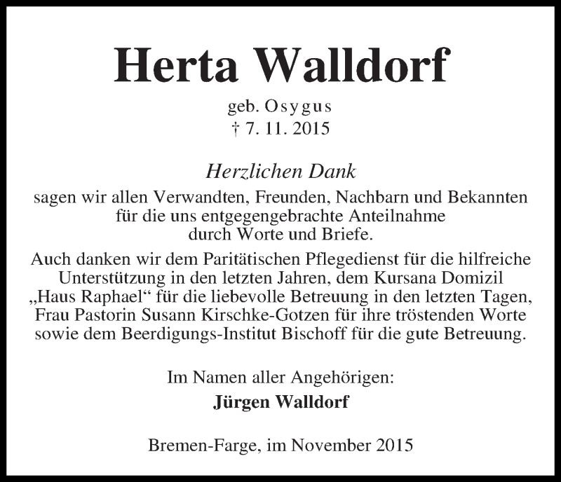 Traueranzeige von Herta Walldorf von Die Norddeutsche