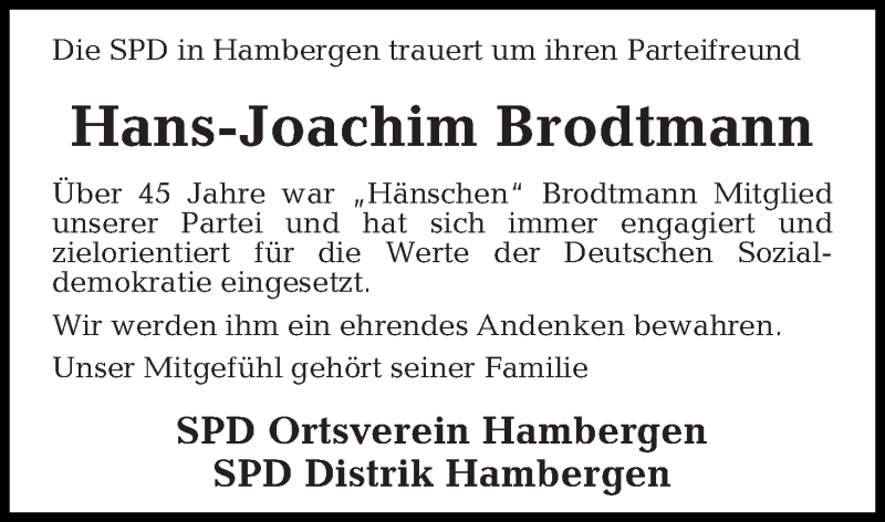 Traueranzeige von Hans-Joachim Brodtmann von Osterholzer Kreisblatt