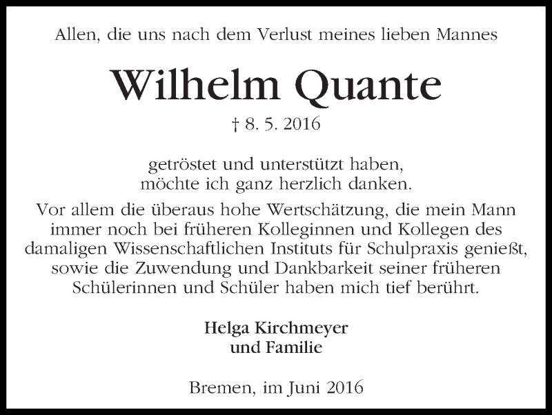 Traueranzeige von Wilhelm Quante von WESER-KURIER