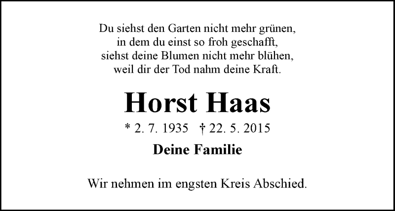 Traueranzeige von Horst Haas von WESER-KURIER