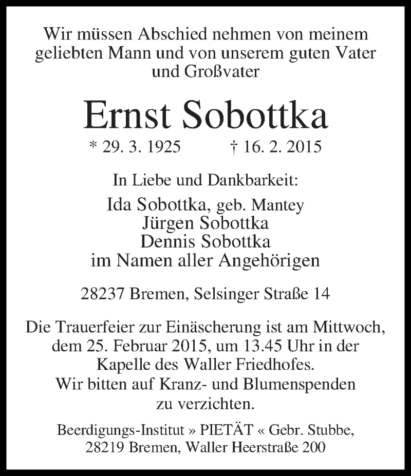 Traueranzeige von Ernst Sobottka von WESER-KURIER