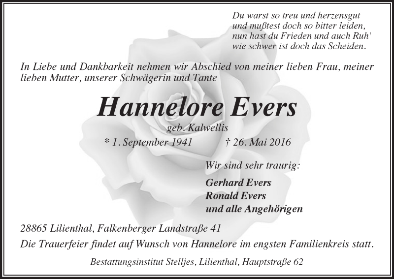 Traueranzeige von Hannelore Evers von Wuemme Zeitung