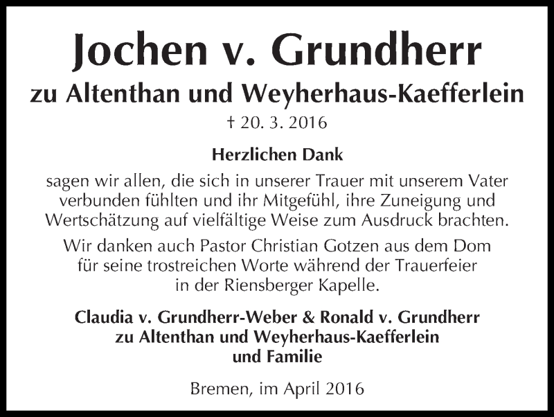 Traueranzeige von Jochen v. Grundherr zu Altenthan u. Weyhehaus-Kaefferlein von WESER-KURIER