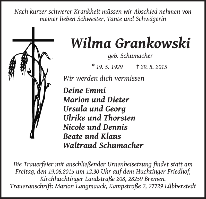 Traueranzeige von Wilma Grankowski von WESER-KURIER