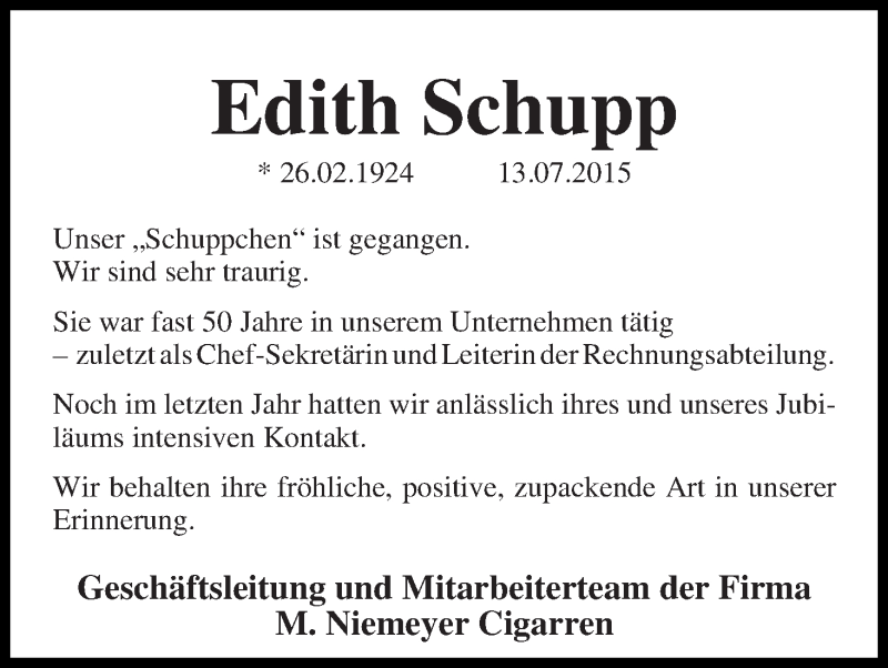 Traueranzeige von Edith Schupp von WESER-KURIER