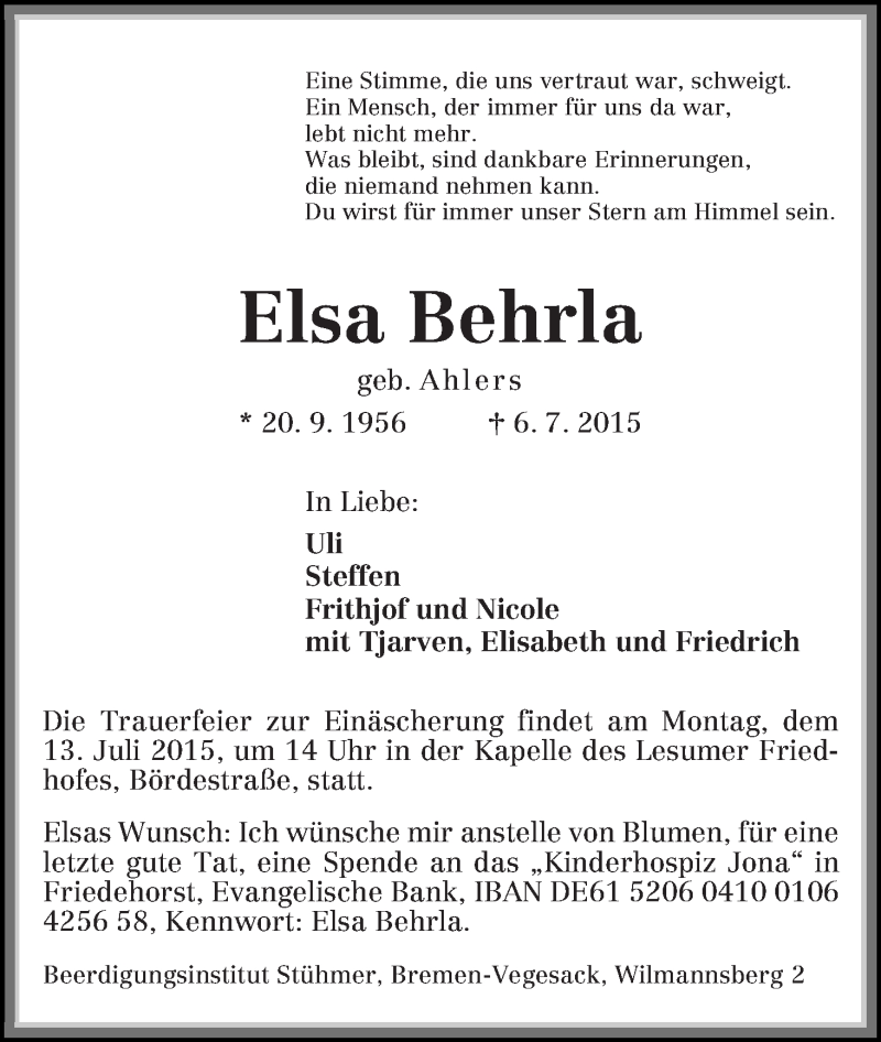 Traueranzeige von Elsa Behrla von WESER-KURIER