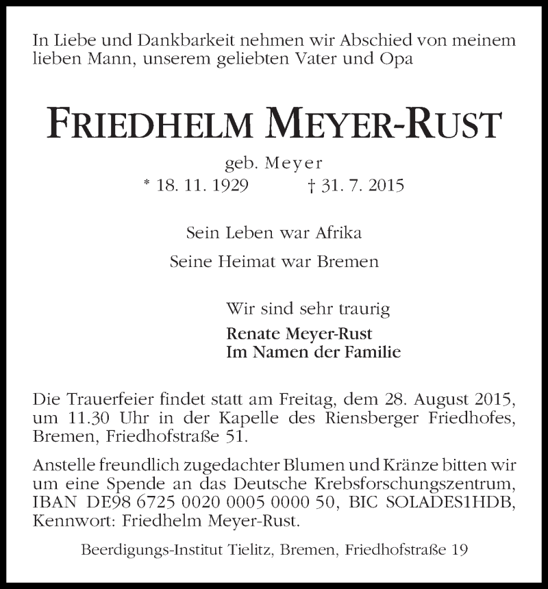 Traueranzeige von Friedhelm Meyer-Rust von WESER-KURIER