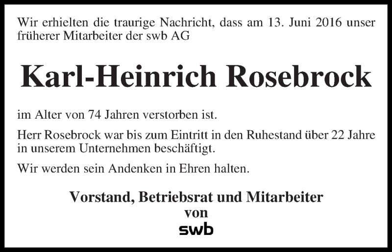 Traueranzeige von Karl-Heinrich (Heinz) Rosebrock von WESER-KURIER