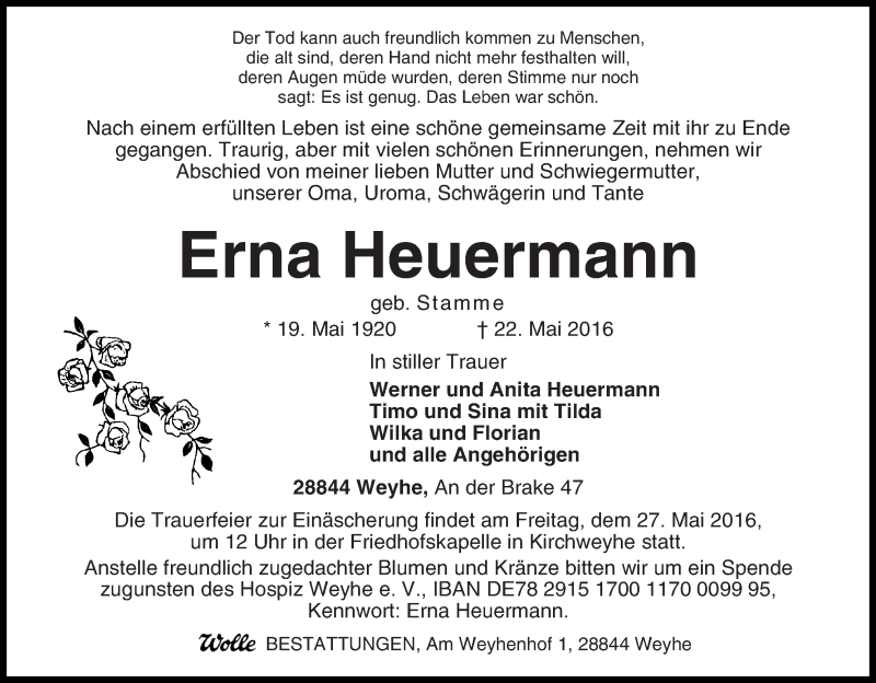 Traueranzeige von Erna Heuermann von Regionale Rundschau/Syker Kurier