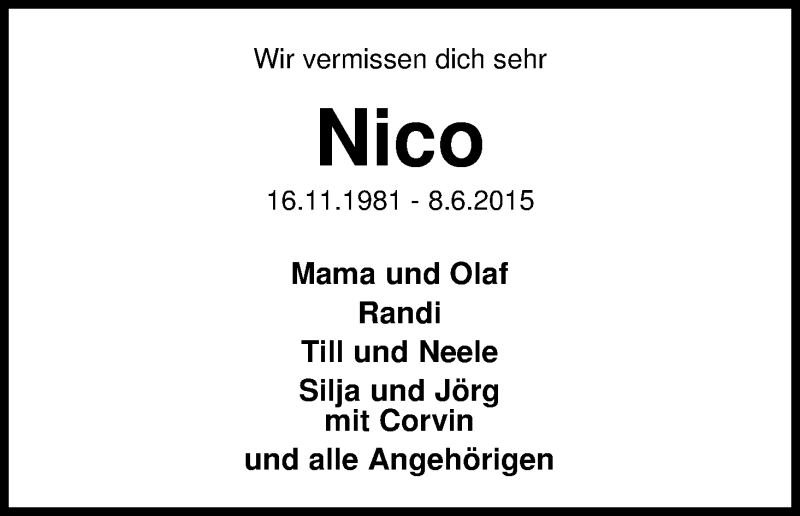 Traueranzeige von Nico Meiners von Regionale Rundschau/Syker Kurier