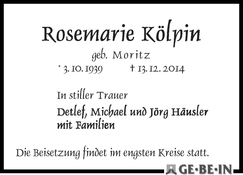 Traueranzeige von Rosemarie Kölpin von WESER-KURIER
