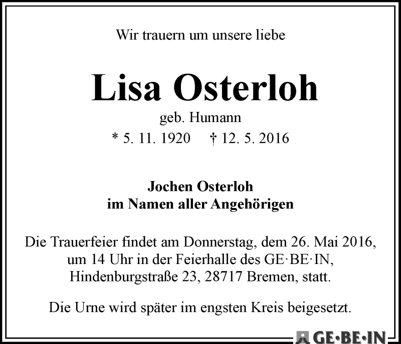 Traueranzeige von Marie Luise Osterloh von WESER-KURIER