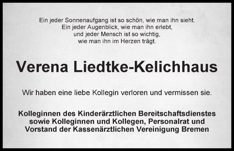 Traueranzeige von Verena Liedtke-Kelichhaus von WESER-KURIER