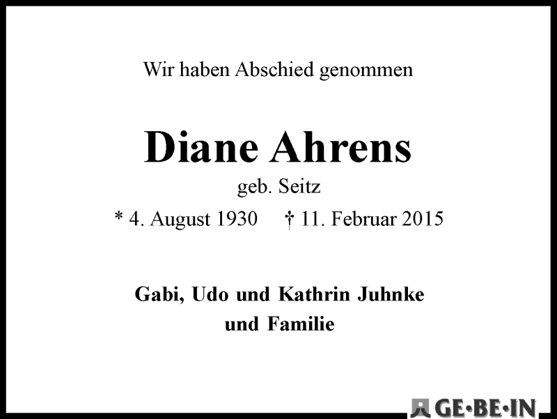 Traueranzeige von Diane Ahrens von WESER-KURIER
