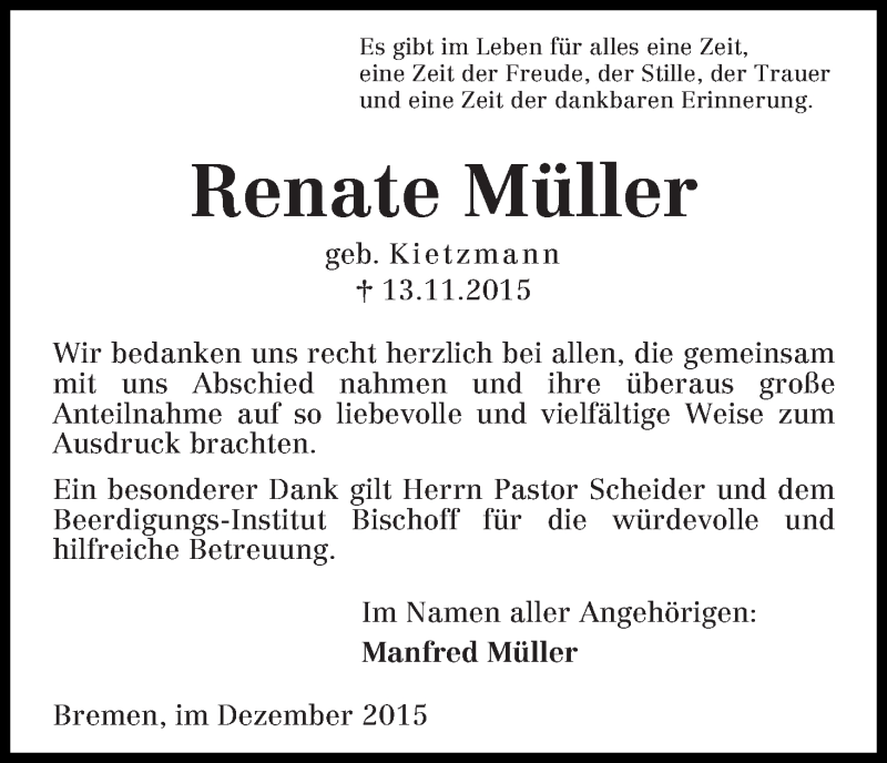 Traueranzeige von Renate Müller von Die Norddeutsche