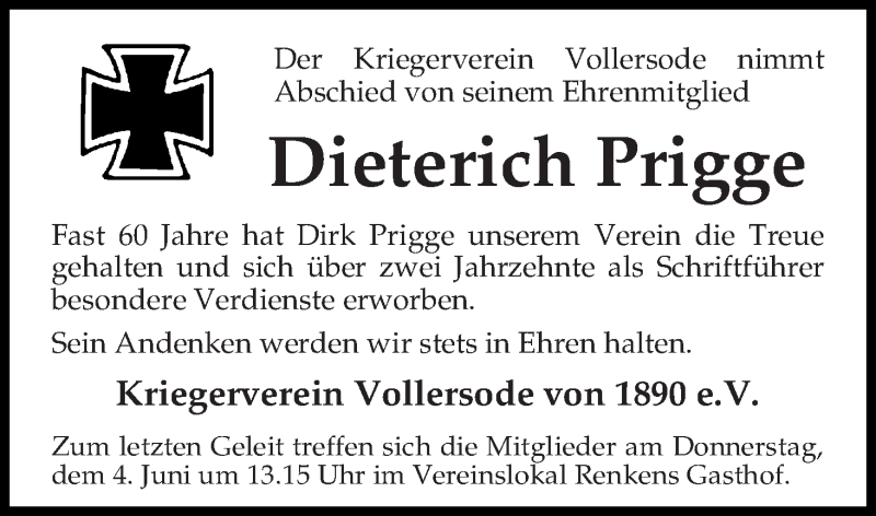 Traueranzeige von Dieterich Prigge von Osterholzer Kreisblatt