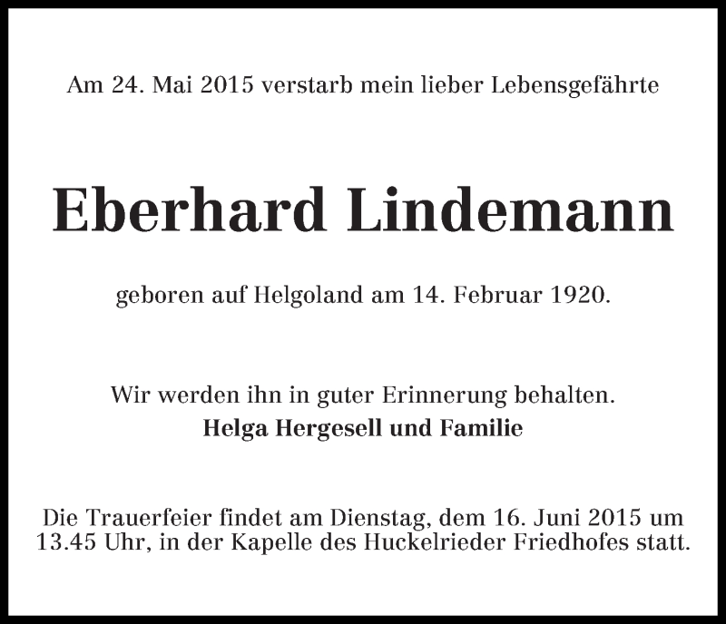 Traueranzeige von Eberhard Lindemann von WESER-KURIER