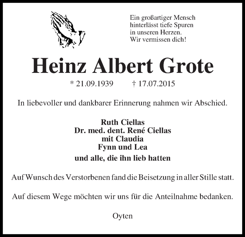 Traueranzeige von Heinz Albert Grote von WESER-KURIER
