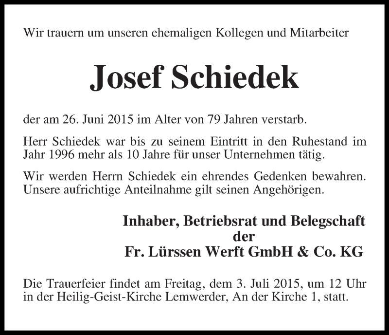 Traueranzeige von Josef Schiedek von Die Norddeutsche