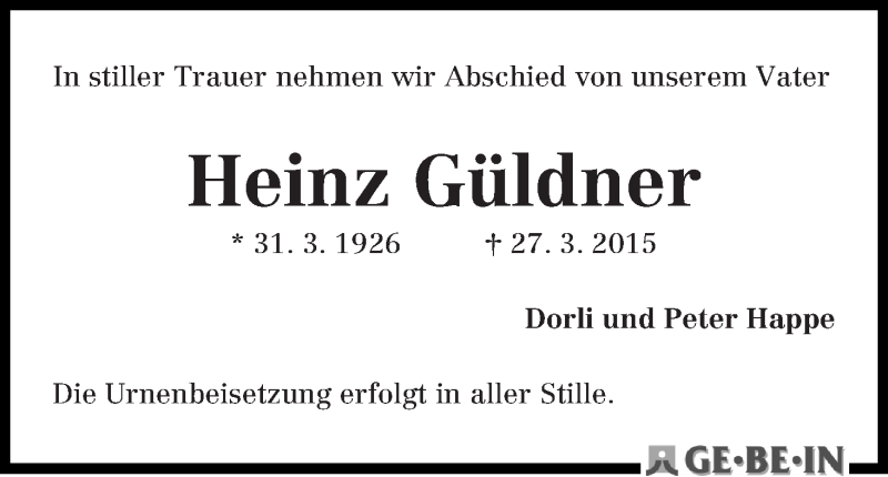 Traueranzeige von Heinz Güldner von WESER-KURIER