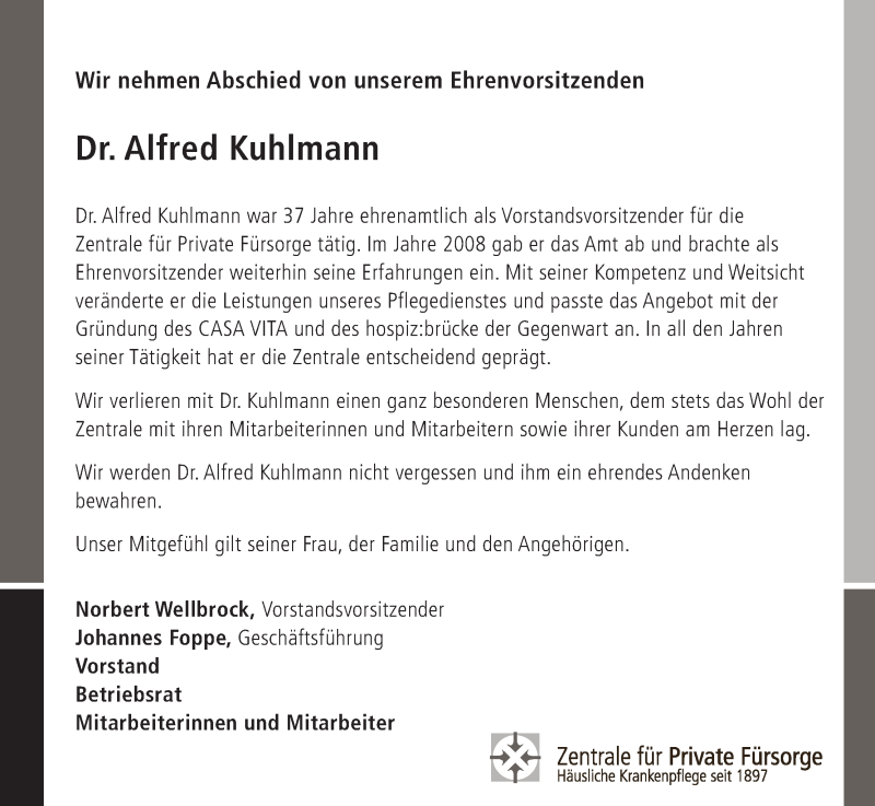 Traueranzeige von Alfred Kuhlmann von WESER-KURIER
