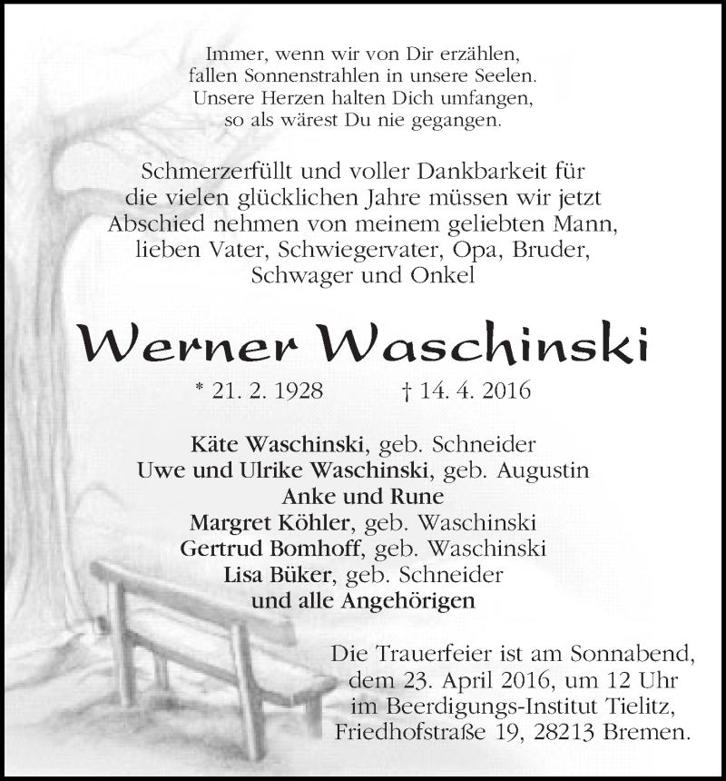 Traueranzeige von Werner Waschinski von WESER-KURIER