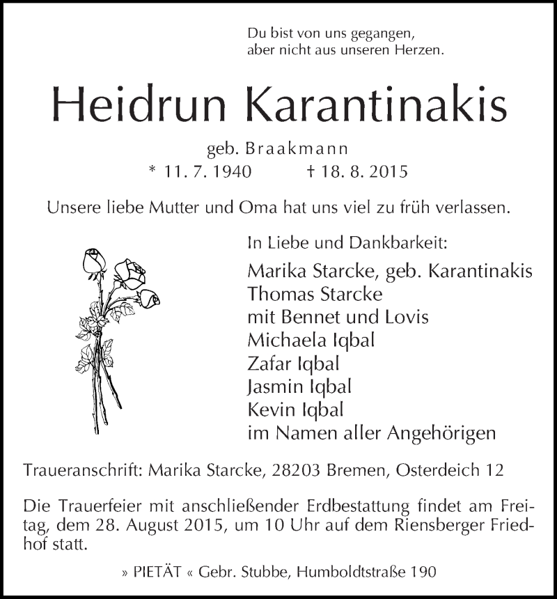 Traueranzeige von Heidrun Karantinakis von WESER-KURIER