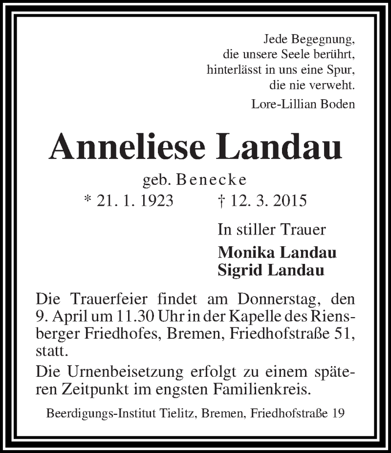 Traueranzeige von Anneliese Landau von WESER-KURIER