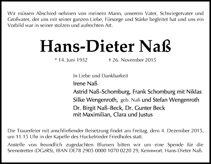 Traueranzeige von Hans-Dieter Naß von WESER-KURIER